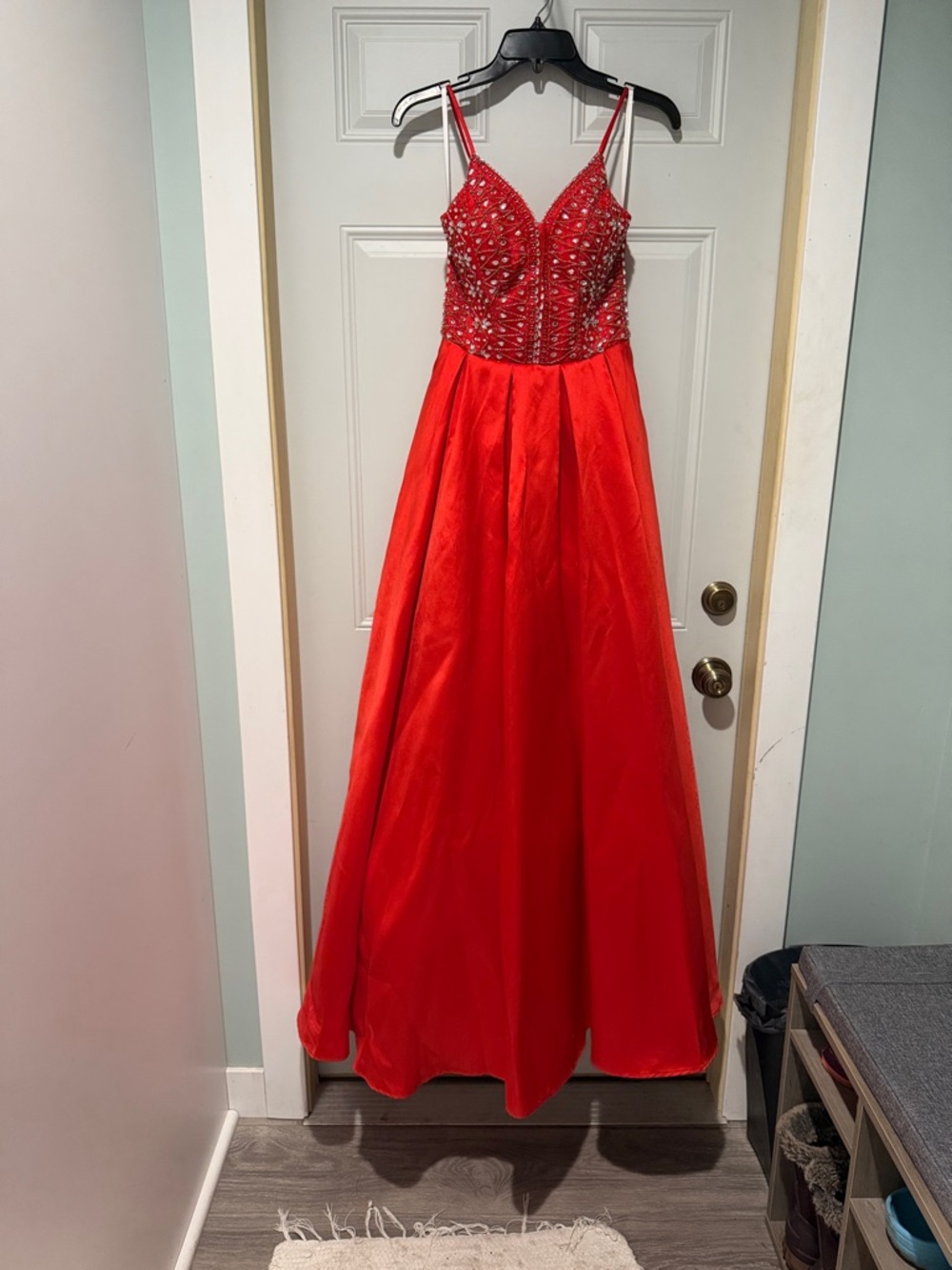 Red Beaded Spaghetti-Strap Prom Dress